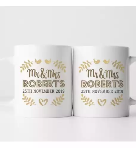 Personalised Mr and Mrs Love Birds Mug Set