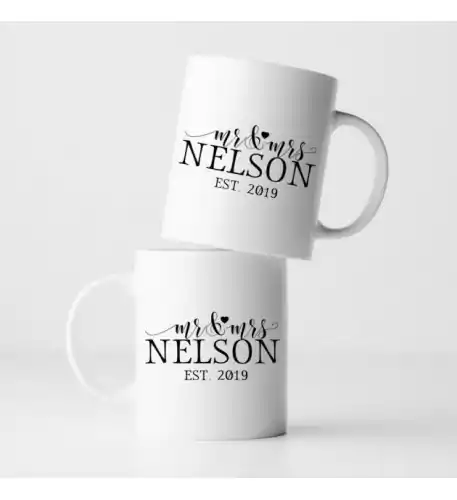 Personalised Mr and Mrs Scripted Heart Mug Set