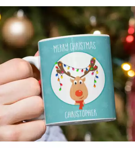 Personalised Rudolph's Tangled Lights Christmas Mug