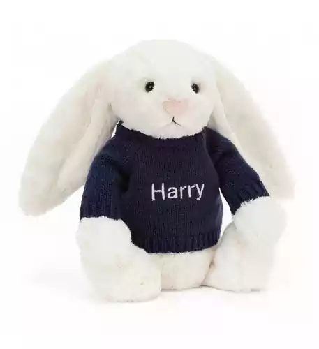 Bashful Cream Bunny with Navy Personalised Jumper H31 X W12 CM