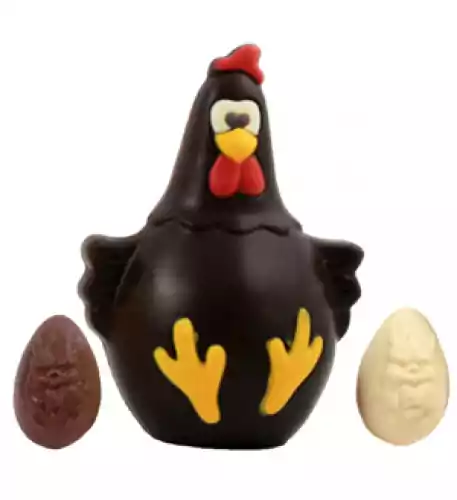 Colored dark chocolate Easter chicken and Easter eggs