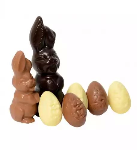 Chocolate package of Easter bunnies and Easter eggs